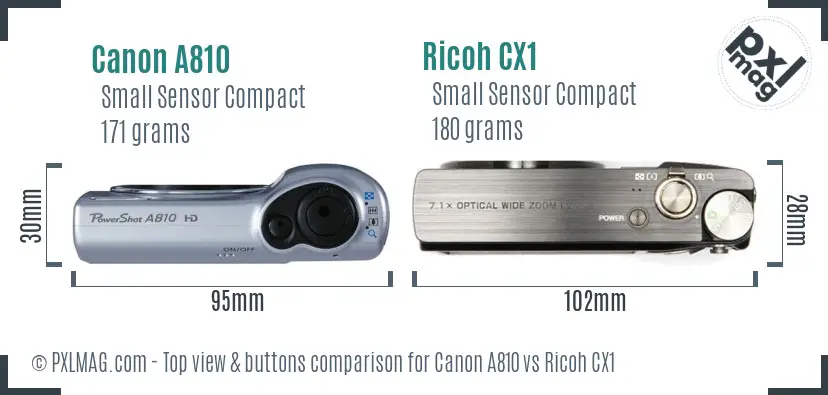 Canon A810 vs Ricoh CX1 top view buttons comparison