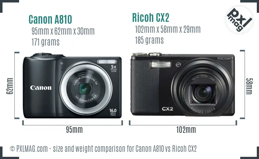 Canon A810 vs Ricoh CX2 size comparison