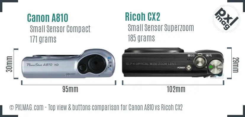 Canon A810 vs Ricoh CX2 top view buttons comparison