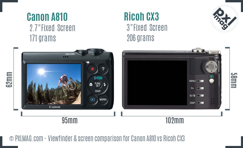 Canon A810 vs Ricoh CX3 Screen and Viewfinder comparison