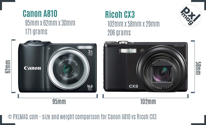 Canon A810 vs Ricoh CX3 size comparison