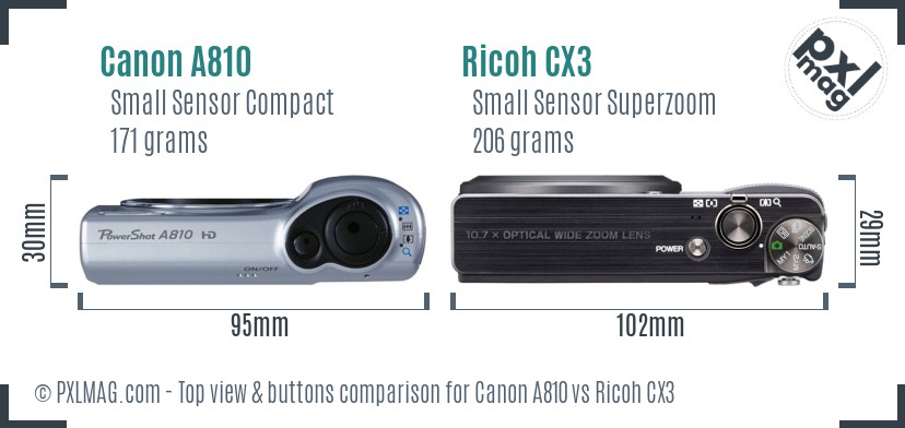 Canon A810 vs Ricoh CX3 top view buttons comparison