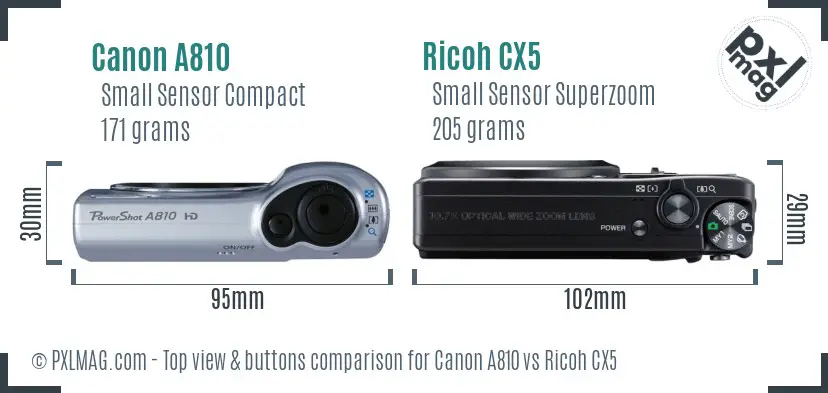 Canon A810 vs Ricoh CX5 top view buttons comparison Canon A810 vs Ricoh CX5 top view buttons comparison