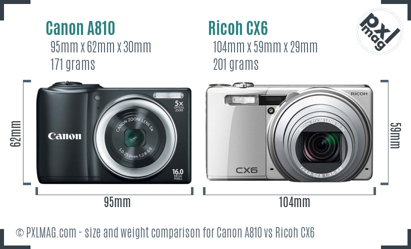 Canon A810 vs Ricoh CX6 size comparison Canon A810 vs Ricoh CX6 size comparison