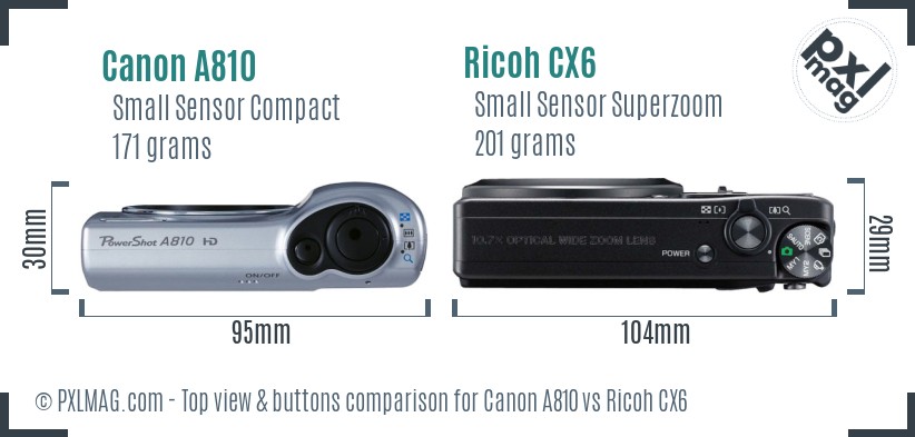Canon A810 vs Ricoh CX6 top view buttons comparison