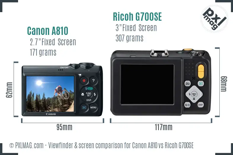 Canon A810 vs Ricoh G700SE Screen and Viewfinder comparison