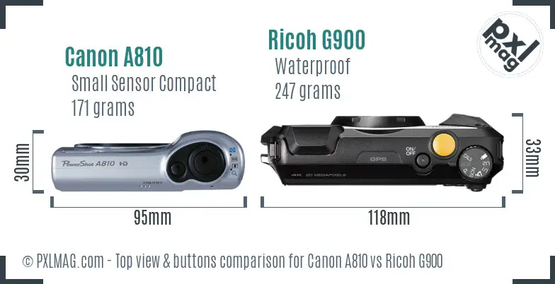 Canon A810 vs Ricoh G900 top view buttons comparison Canon A810 vs Ricoh G900 top view buttons comparison
