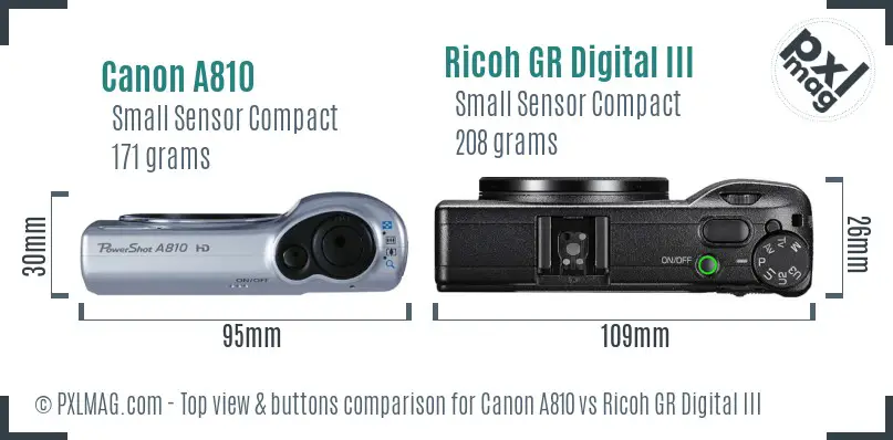Canon A810 vs Ricoh GR Digital III top view buttons comparison Canon A810 vs Ricoh GR Digital III top view buttons comparison