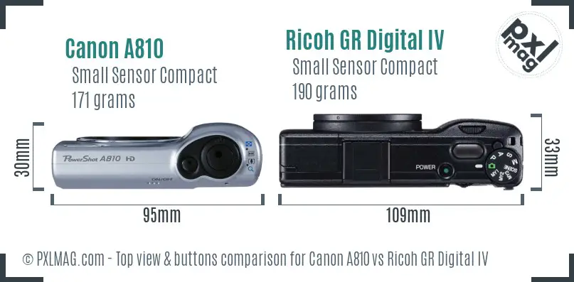 Canon A810 vs Ricoh GR Digital IV top view buttons comparison