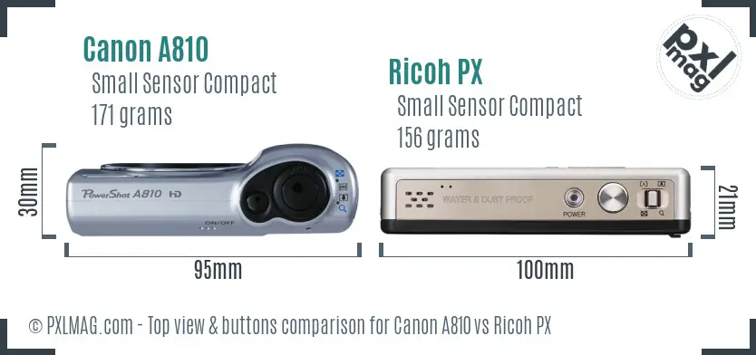 Canon A810 vs Ricoh PX top view buttons comparison Canon A810 vs Ricoh PX top view buttons comparison