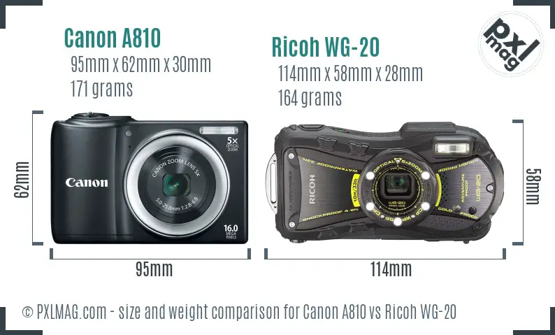 Canon A810 vs Ricoh WG-20 size comparison