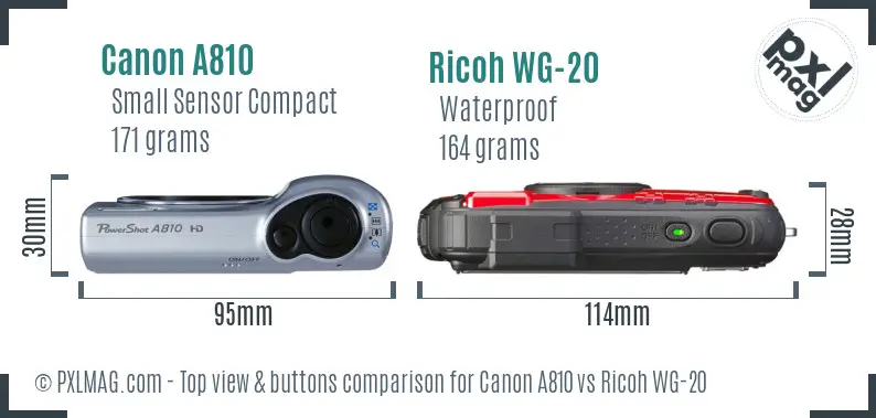 Canon A810 vs Ricoh WG-20 top view buttons comparison