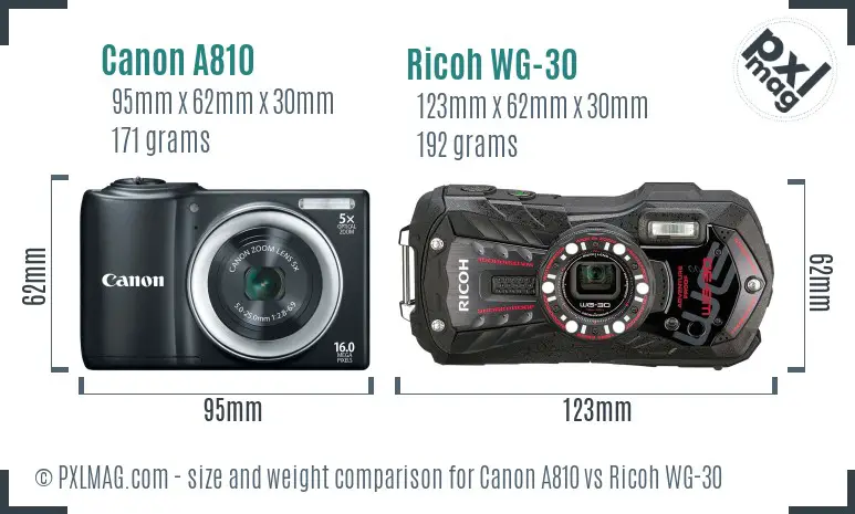Canon A810 vs Ricoh WG-30 size comparison