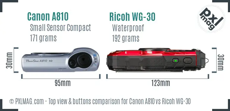 Canon A810 vs Ricoh WG-30 top view buttons comparison