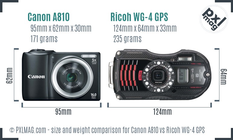 Canon A810 vs Ricoh WG-4 GPS size comparison Canon A810 vs Ricoh WG-4 GPS size comparison