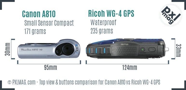 Canon A810 vs Ricoh WG-4 GPS top view buttons comparison