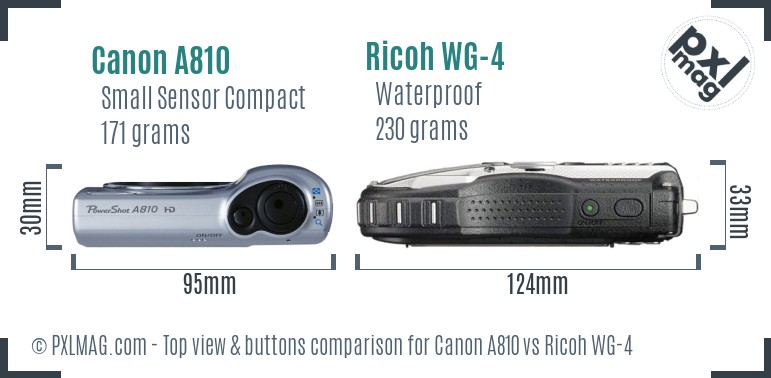 Canon A810 vs Ricoh WG-4 top view buttons comparison