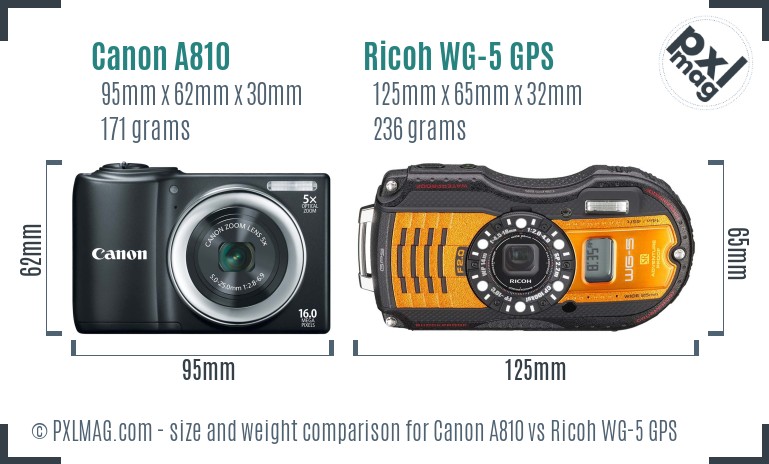 Canon A810 vs Ricoh WG-5 GPS size comparison