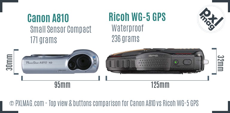Canon A810 vs Ricoh WG-5 GPS top view buttons comparison