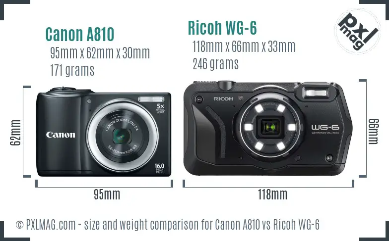 Canon A810 vs Ricoh WG-6 size comparison