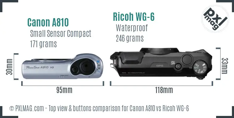 Canon A810 vs Ricoh WG-6 top view buttons comparison