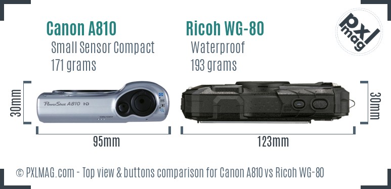 Canon A810 vs Ricoh WG-80 top view buttons comparison