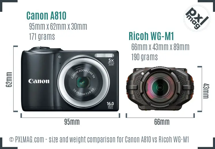 Canon A810 vs Ricoh WG-M1 size comparison