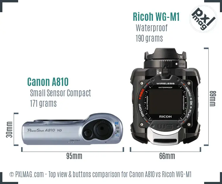 Canon A810 vs Ricoh WG-M1 top view buttons comparison