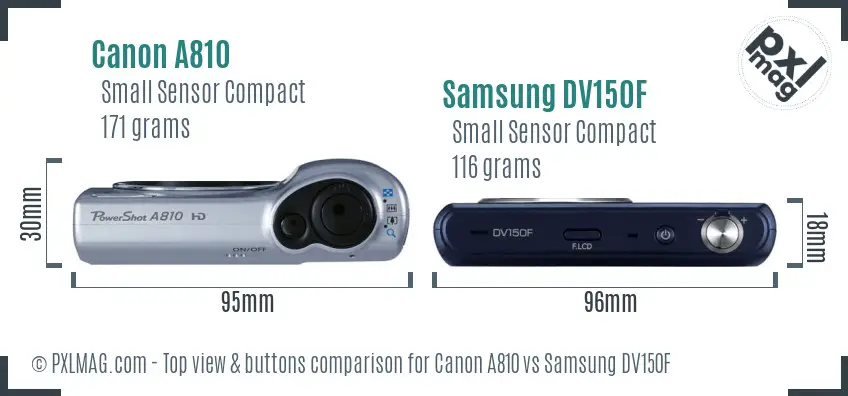 Canon A810 vs Samsung DV150F top view buttons comparison Canon A810 vs Samsung DV150F top view buttons comparison