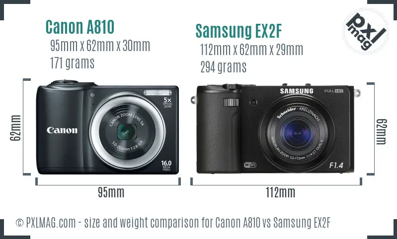 Canon A810 vs Samsung EX2F size comparison