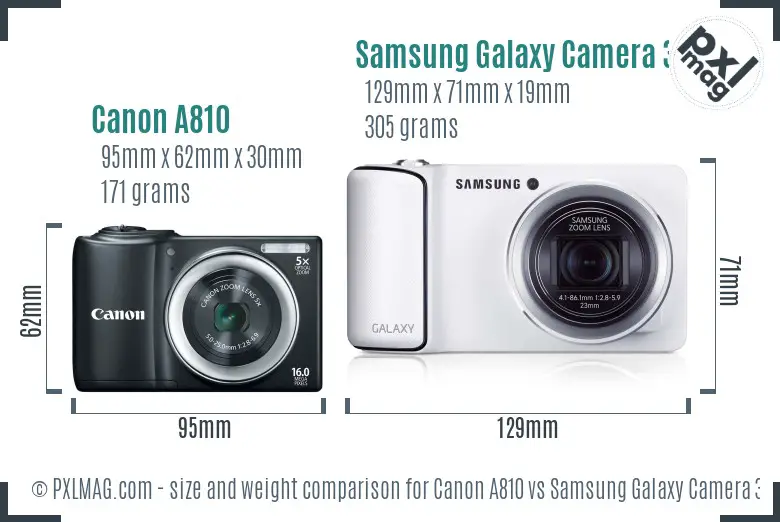Canon A810 vs Samsung Galaxy Camera 3G size comparison