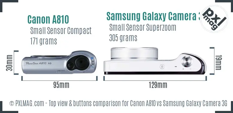 Canon A810 vs Samsung Galaxy Camera 3G top view buttons comparison