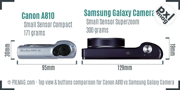 Canon A810 vs Samsung Galaxy Camera top view buttons comparison