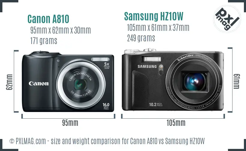 Canon A810 vs Samsung HZ10W size comparison