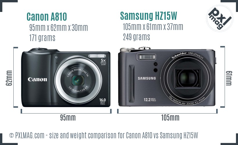 Canon A810 vs Samsung HZ15W size comparison Canon A810 vs Samsung HZ15W size comparison