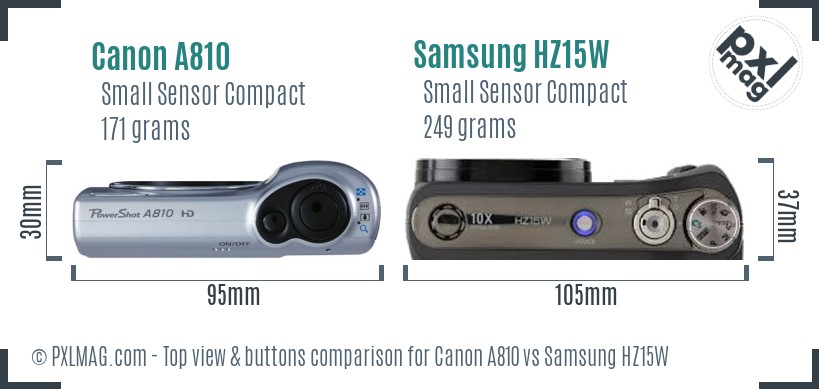 Canon A810 vs Samsung HZ15W top view buttons comparison