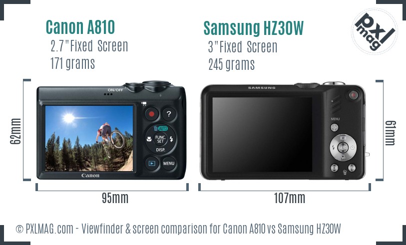 Canon A810 vs Samsung HZ30W Screen and Viewfinder comparison