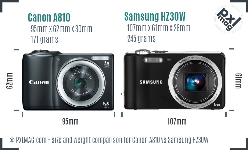 Canon A810 vs Samsung HZ30W size comparison Canon A810 vs Samsung HZ30W size comparison
