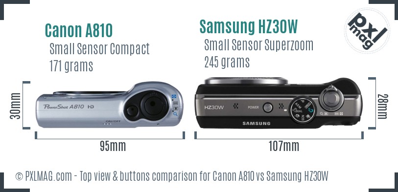 Canon A810 vs Samsung HZ30W top view buttons comparison