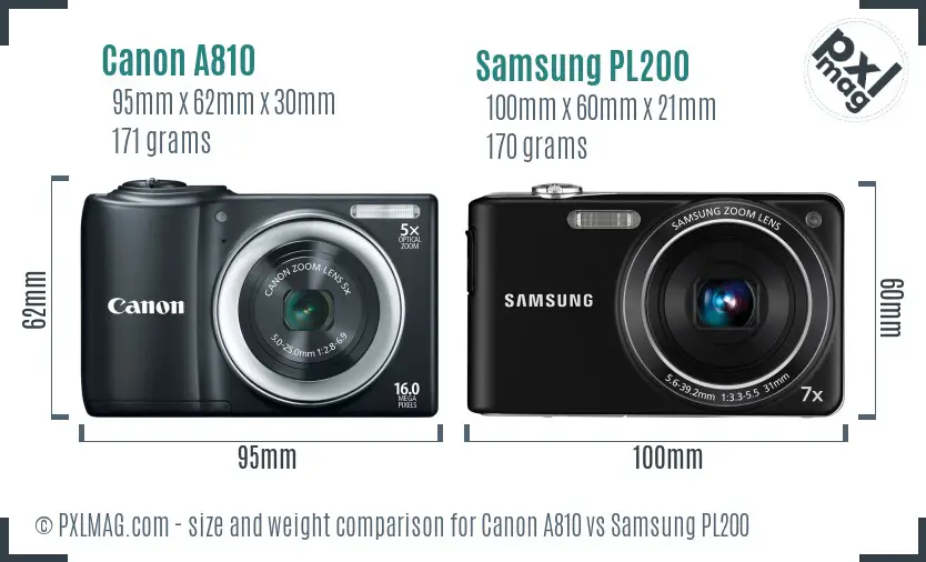 Canon A810 vs Samsung PL200 size comparison