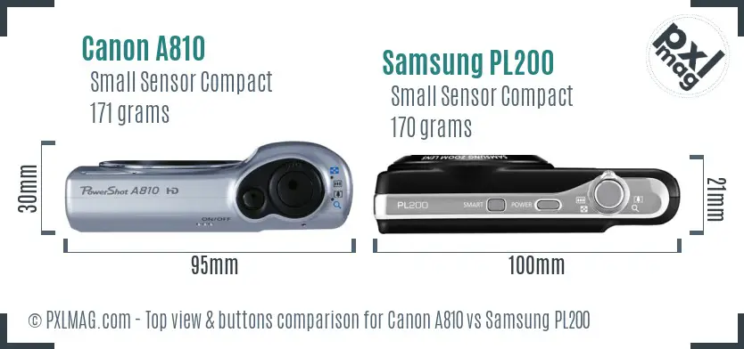 Canon A810 vs Samsung PL200 top view buttons comparison