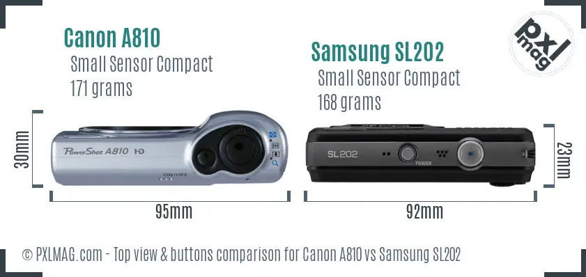 Canon A810 vs Samsung SL202 top view buttons comparison