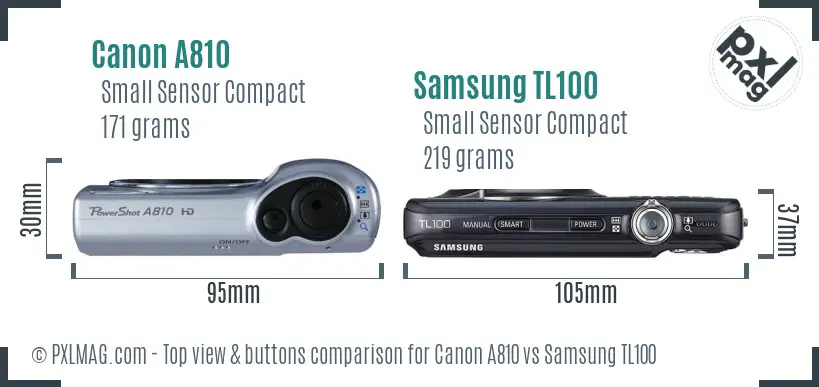 Canon A810 vs Samsung TL100 top view buttons comparison