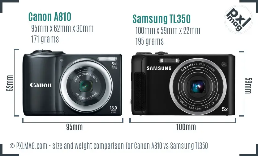Canon A810 vs Samsung TL350 size comparison