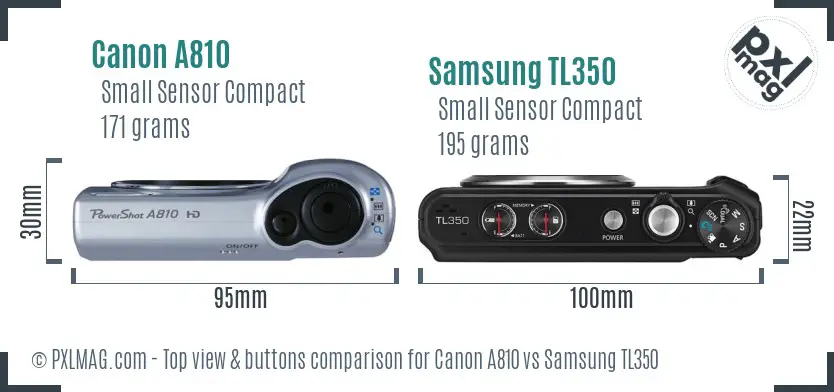 Canon A810 vs Samsung TL350 top view buttons comparison