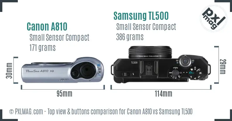 Canon A810 vs Samsung TL500 top view buttons comparison Canon A810 vs Samsung TL500 top view buttons comparison
