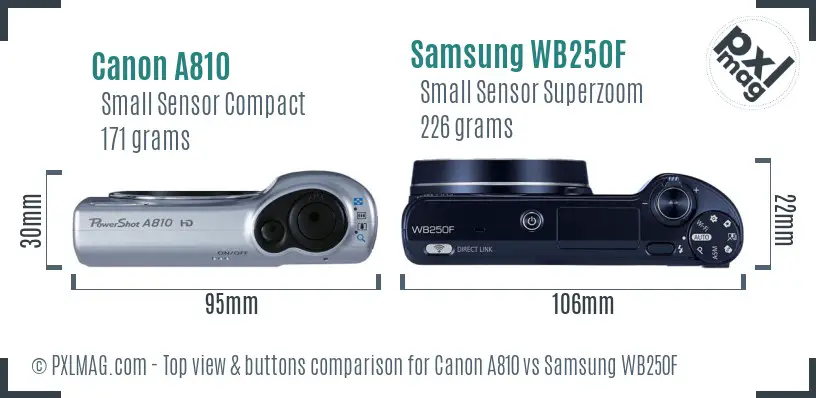 Canon A810 vs Samsung WB250F top view buttons comparison