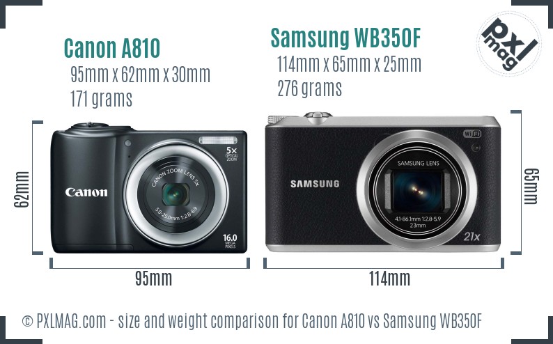 Canon A810 vs Samsung WB350F size comparison