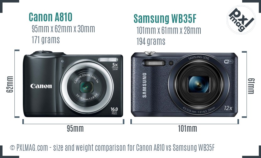 Canon A810 vs Samsung WB35F size comparison