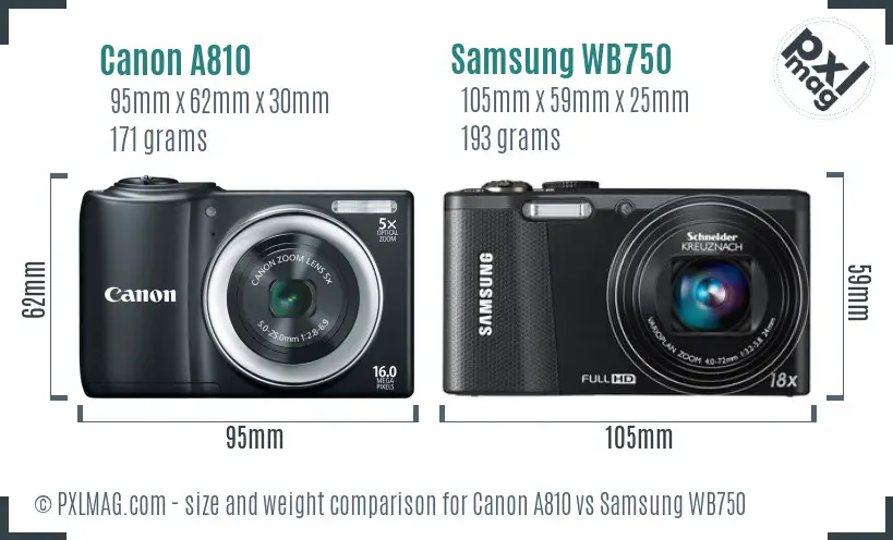 Canon A810 vs Samsung WB750 size comparison